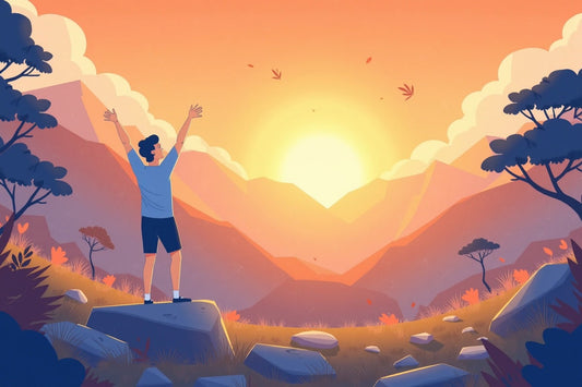 Image of a person radiating energy while hiking outdoors with subtle Shilajit elements in the scenery.