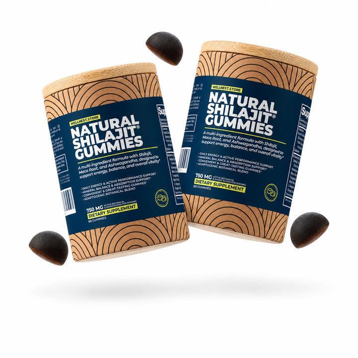 Natural Shilajit Gummies 2-Pack: two jars of Natural Shilajit Gummies, 60 gummies each, with loose gummies