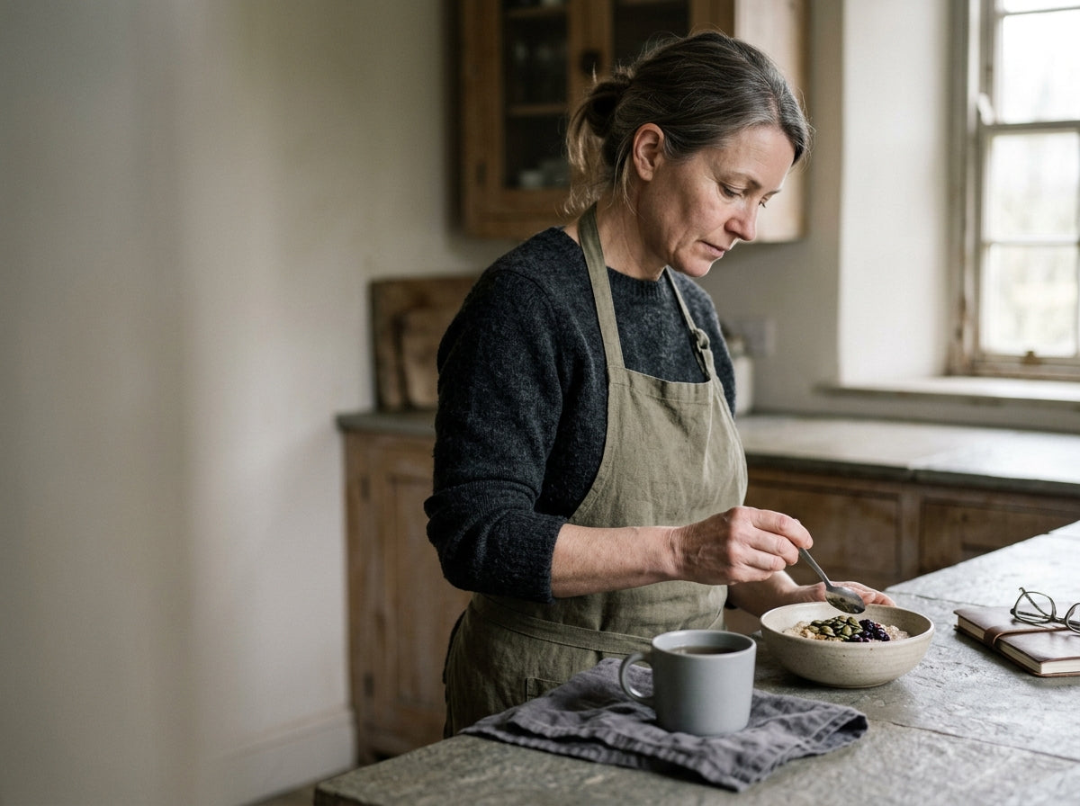 Woman preparing a mineral-rich breakfast in soft morning kitchen light.