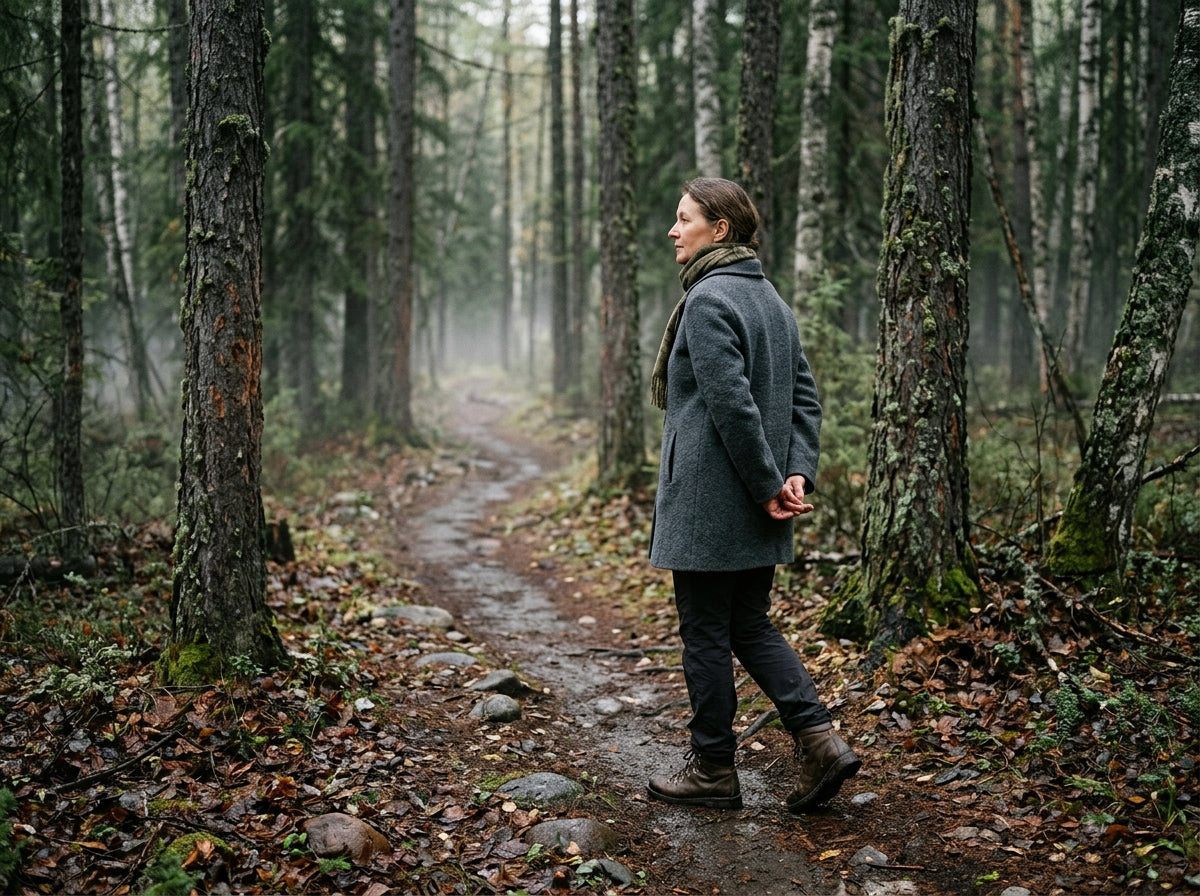 Woman in her fifties walking along a damp forest path in soft morning light.