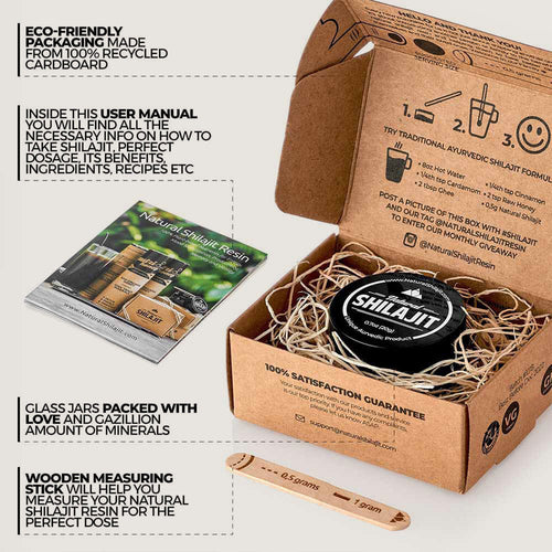 Natural Shilajit Resin 20 g kit opened: the resin jar in its recycled cardboard box, the user manual and the wooden measuring stick