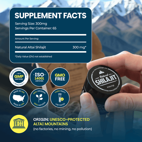 Supplement facts label: 300 mg serving, 65 servings per container, Altai origin, lab-tested badges
