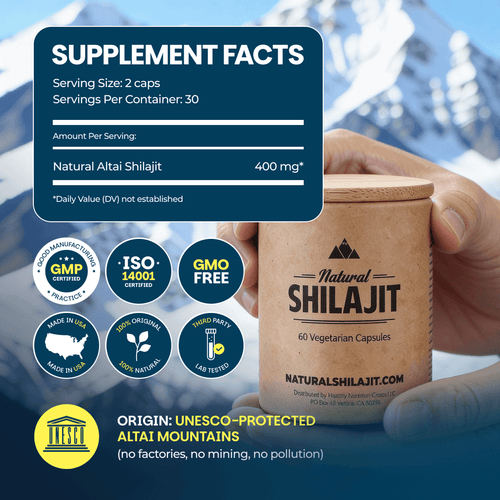 Supplement facts: 2 capsules per serving, 30 servings, 400 mg Altai shilajit; GMP, ISO 14001 and made in USA badges