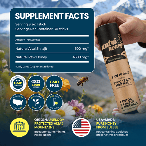 Supplement facts: one stick, 30 per tube, 500 mg Altai shilajit, 4500 mg raw honey, GMP and ISO 14001 certified
