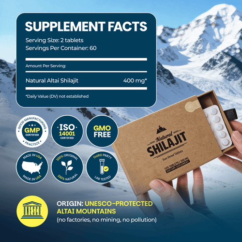 Supplement facts: 2 tablets per serving, 60 servings, 400 mg Altai shilajit; GMP, ISO 14001 and made in USA badges