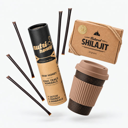 Beginner Sample Bundle: Natural Shilajit Resin 20 g kit, NutriHoney 30-stick tube and the bio-composite coffee cup