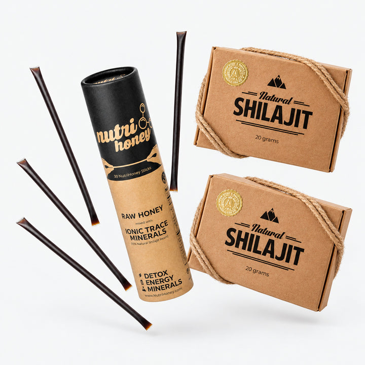 Natural Shilajit Resin Buy 2 Get 1 FREE: two Natural Shilajit Resin 20 g kits and a NutriHoney 30-stick tube