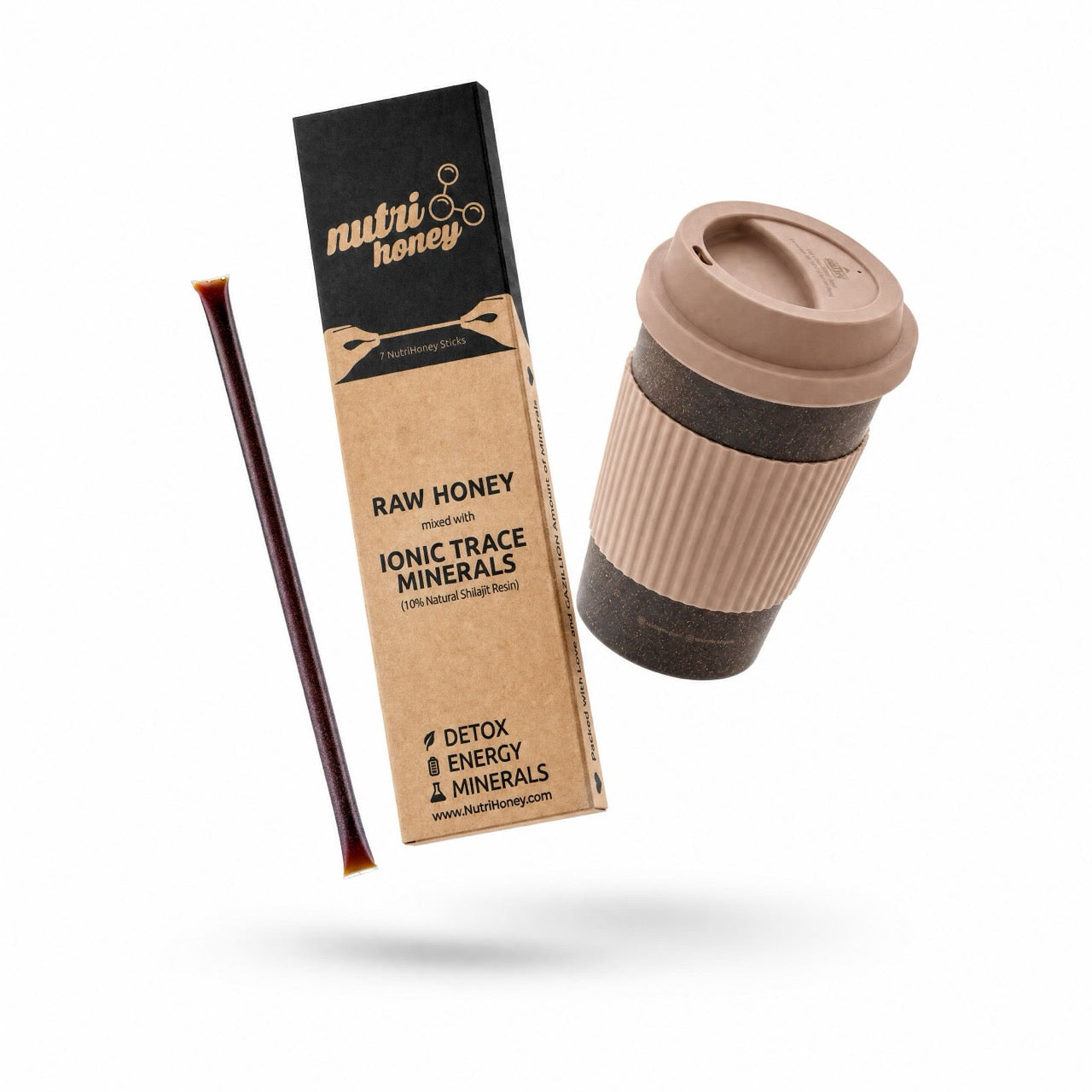 NutriHoney sticks and the Natural Shilajit eco-friendly bio-composite coffee cup