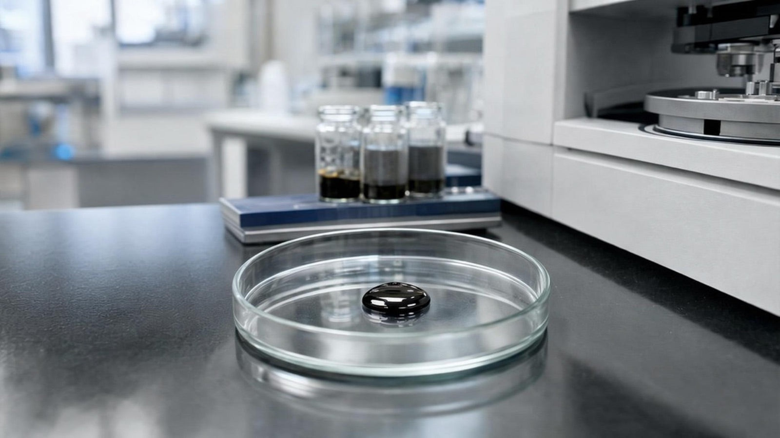 A drop of purified shilajit resin in a glass petri dish on a lab bench, with vials of sample and analytical instruments behind