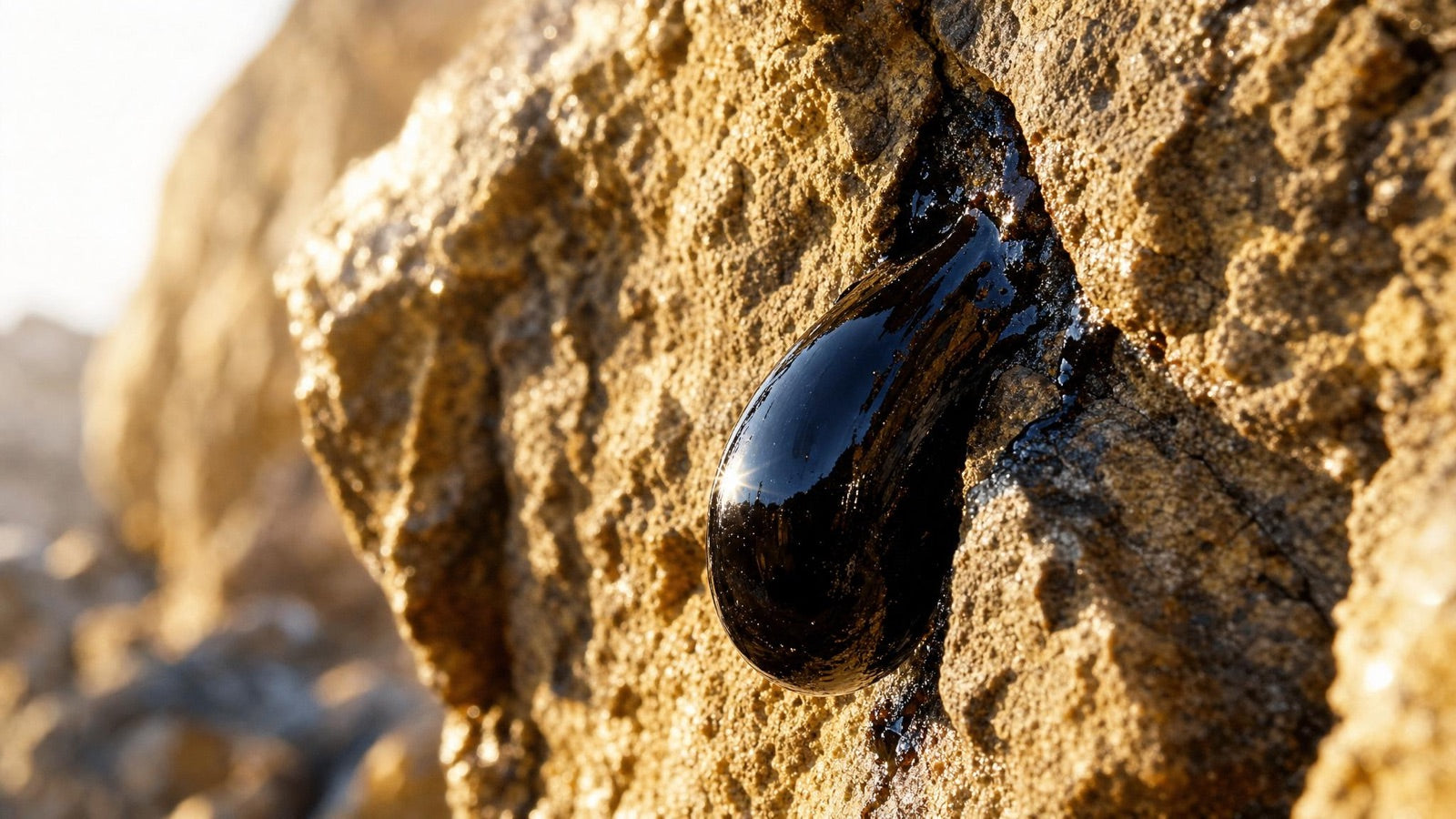 Macro close-up of a glossy, tar-dark bead of shilajit resin oozing from a crack in a sunlit rock face